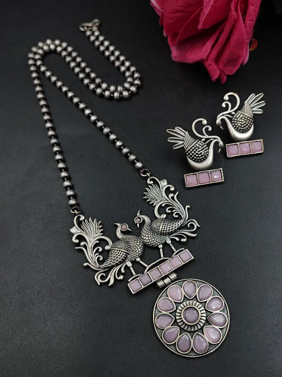 Oxidised Twin Peacock Long Necklace Set with Stone Petals