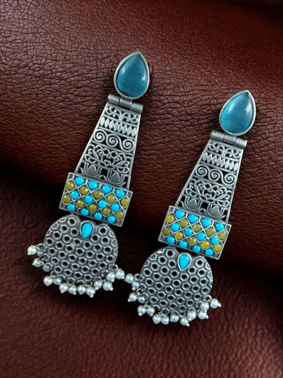 Oxidised Long Panel Earrings with Stone Band and Cut-Out Disc