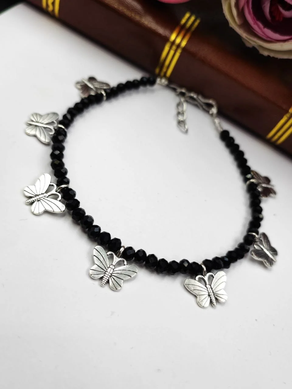 Oxidised Butterfly Charm Black Crystal Bead Anklet – view 2