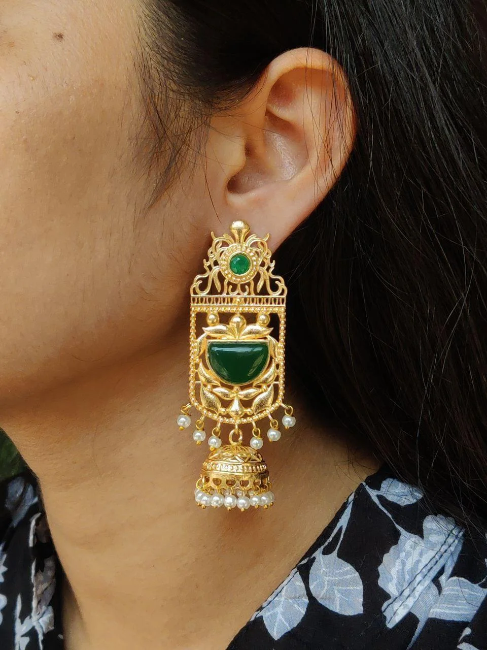 Long Temple Frame Jhumka with Black Stone – view 2
