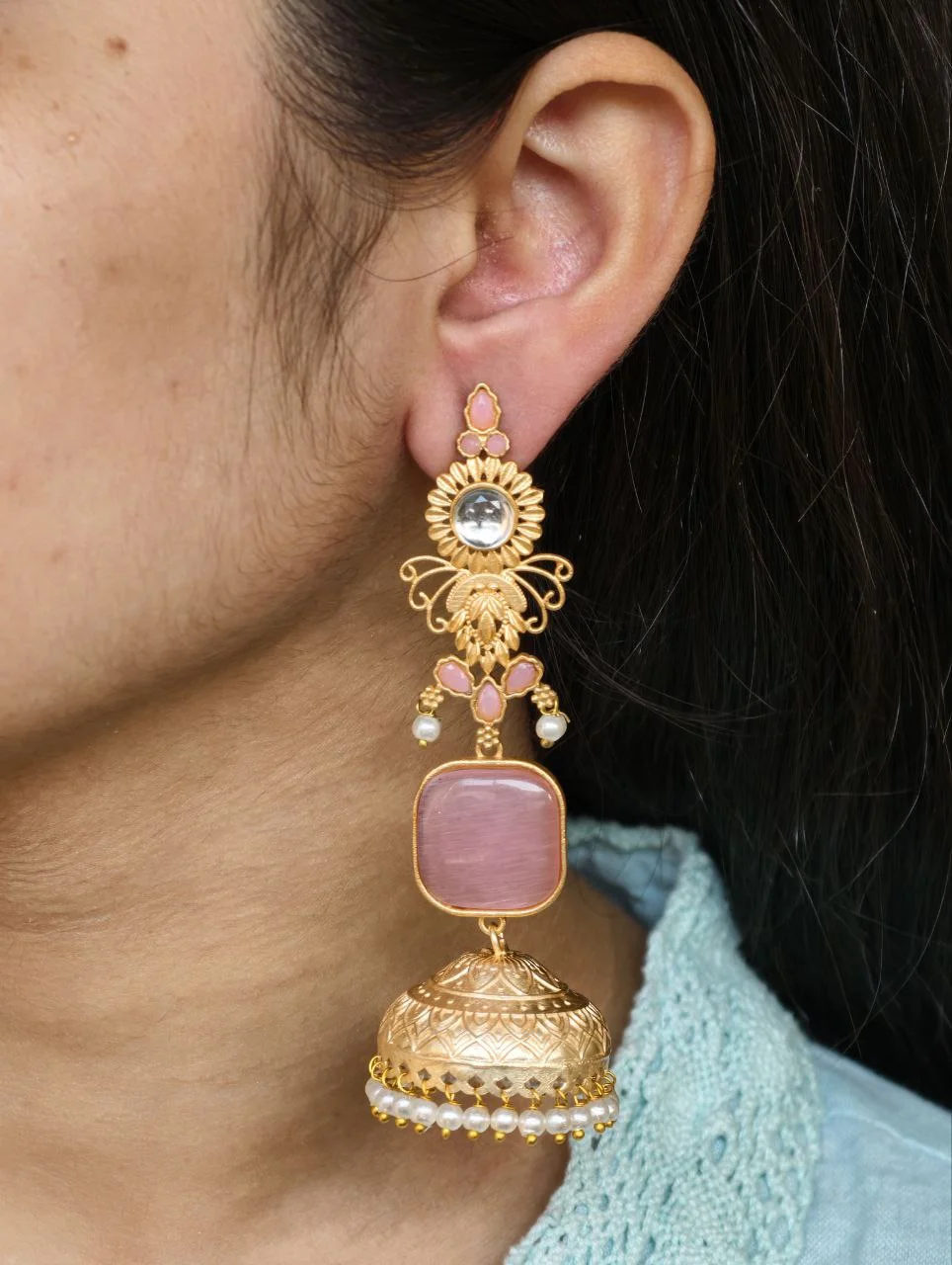Long Red Stone Jhumka with Floral Crown – view 3