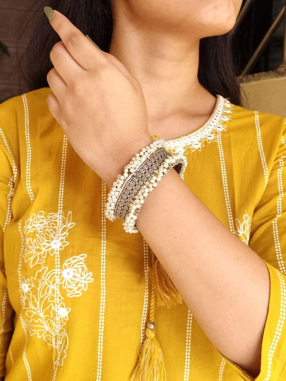 Oxidised Pearl-Bead Cuff Bangle