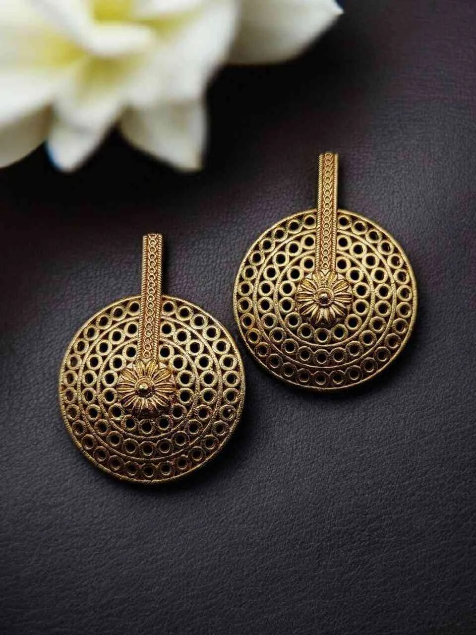 Large Filigree Disc Earrings on Textured Bar – view 2