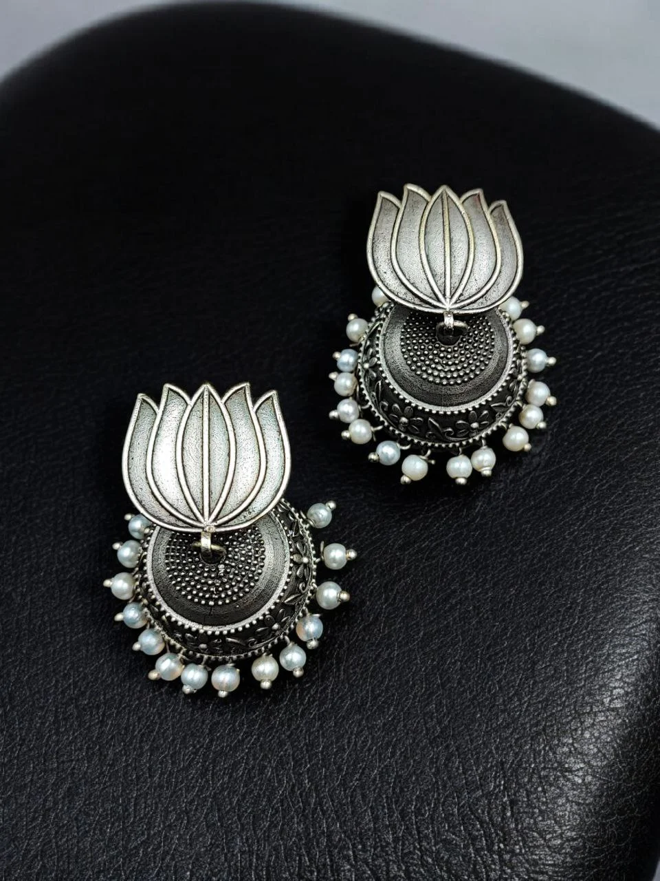 Oxidised Lotus Stud Jhumki Earrings with Pearl Fringe – view 4