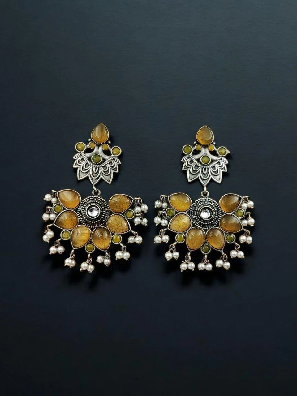 Oxidised Sunflower Stone Earrings with Fan Top and Pearl Drops