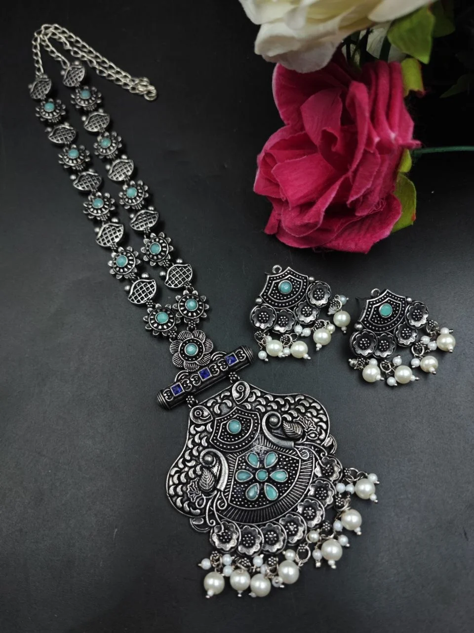 Oxidised Temple Shield Necklace Set with Pearl Fringe