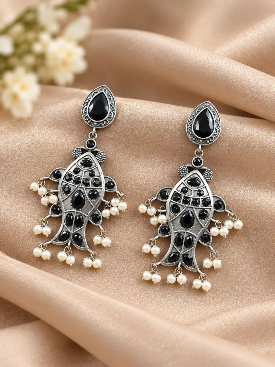 Oxidised Fish Dangler Earrings with Black Stones and Pearl Clusters