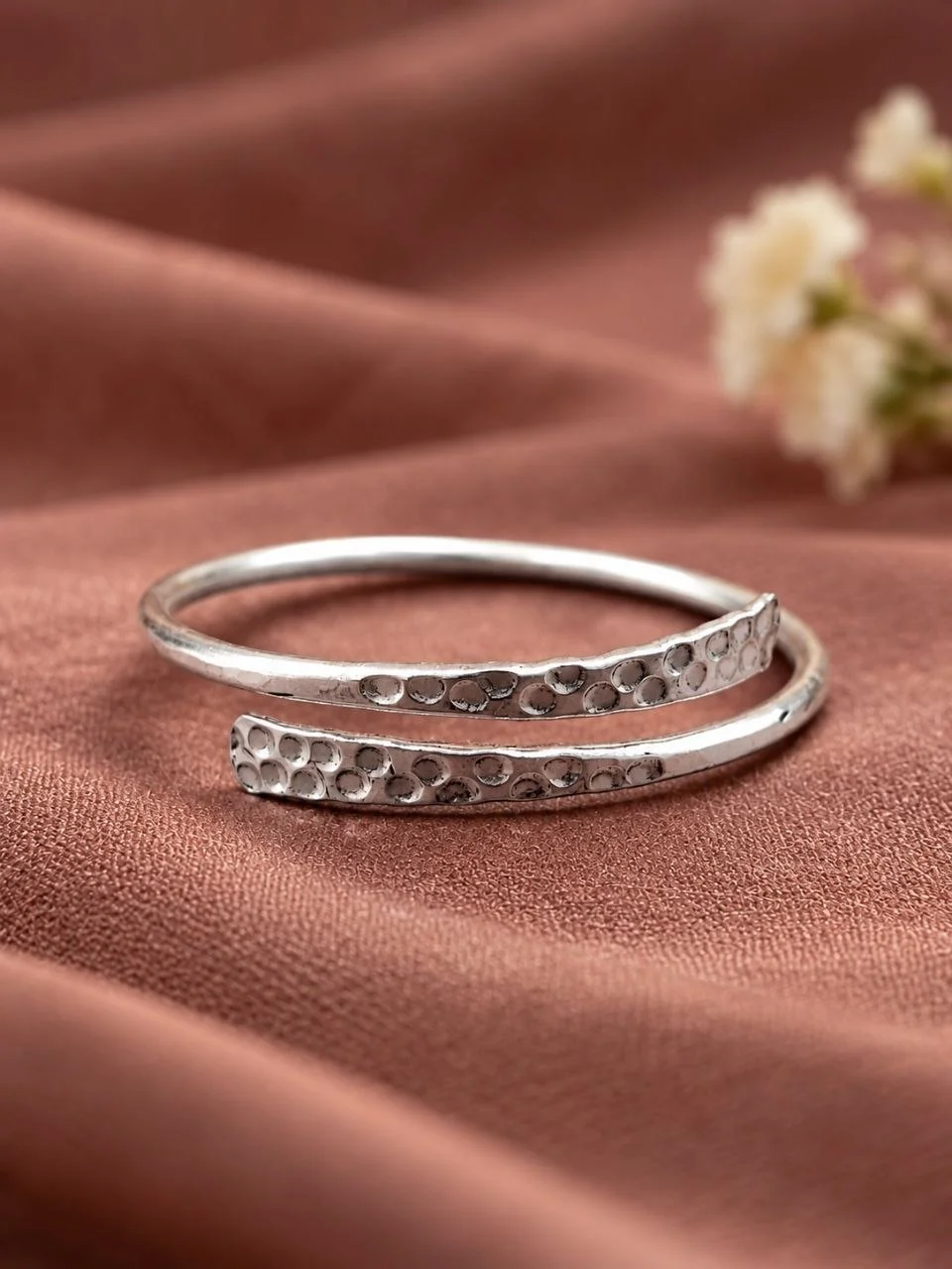 Dimpled Hammered Silver Wrap Cuff with Overlapping Ends – view 3