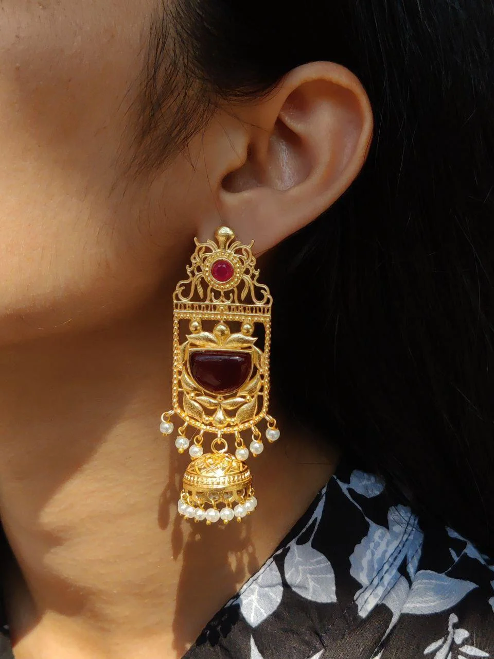 Long Temple Frame Jhumka with Black Stone – view 3