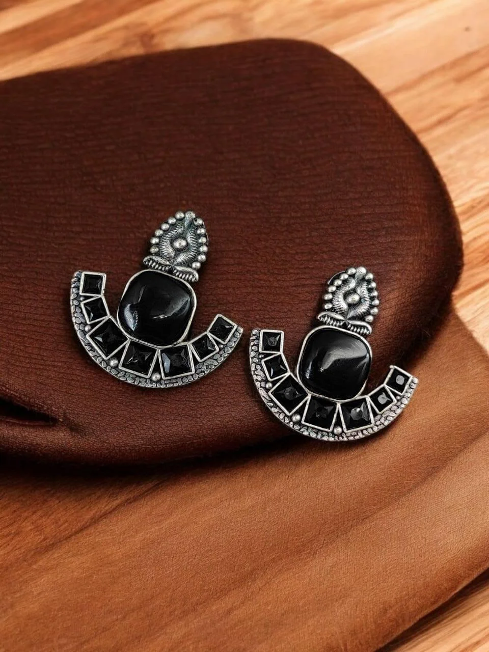 Oxidised Crescent Stud Earrings with Square Stones and Crest