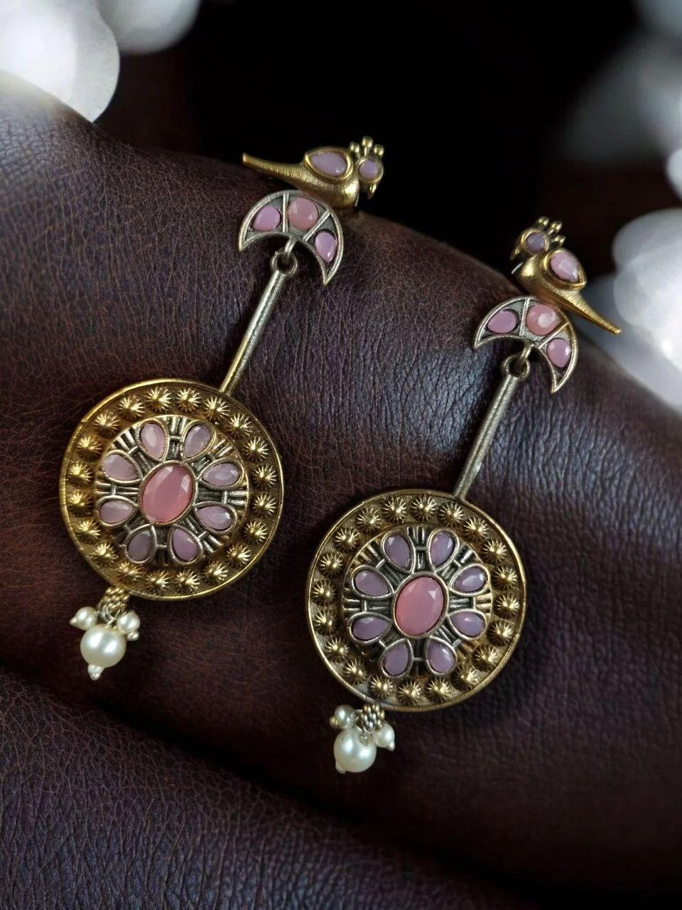Two-Tone Bird Bar Earrings with Stone Flower Disc and Pearl Drop