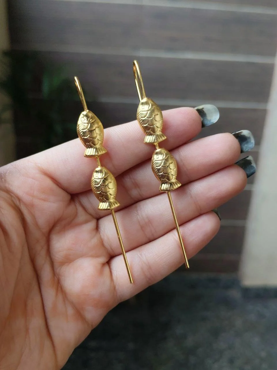 Gold Twin Fish Ear Pins with Long Stem – view 3