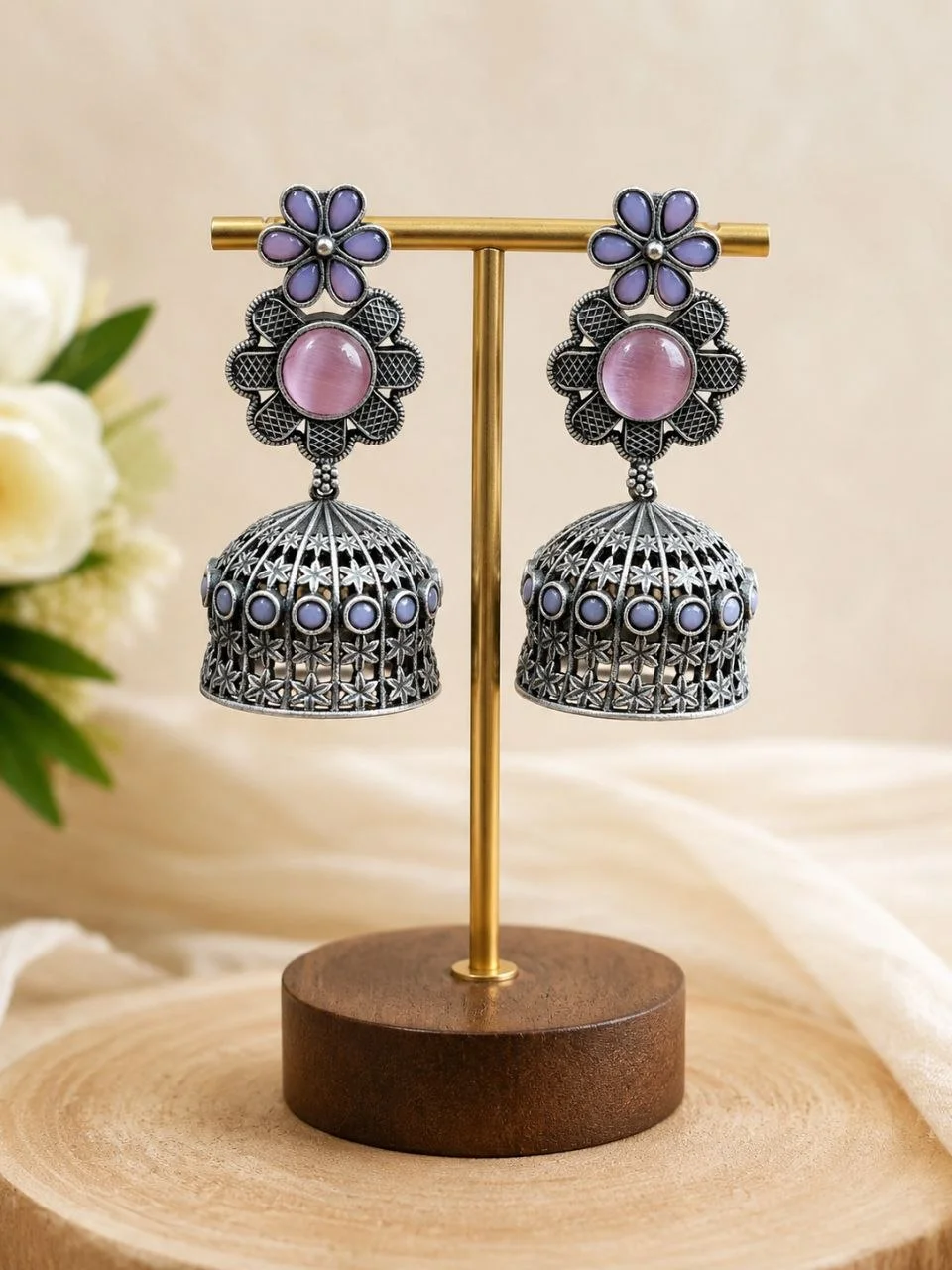 Oxidised Floral Jhumka Earrings with Round Stone and Stone-Studded Bell