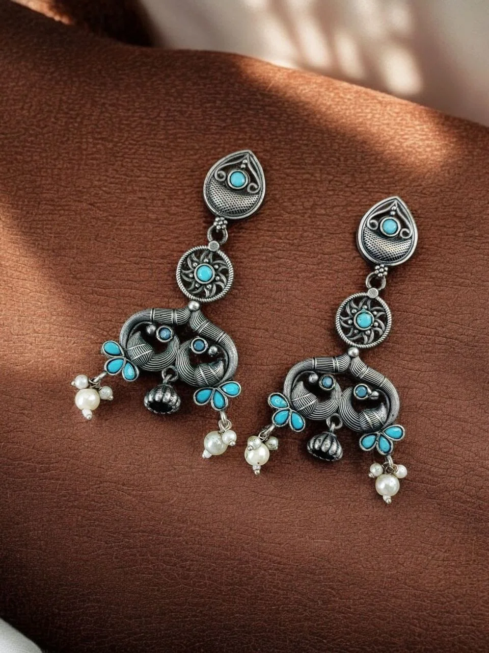Oxidised Twin Peacock Jhumki Earrings with Stone Medallions
