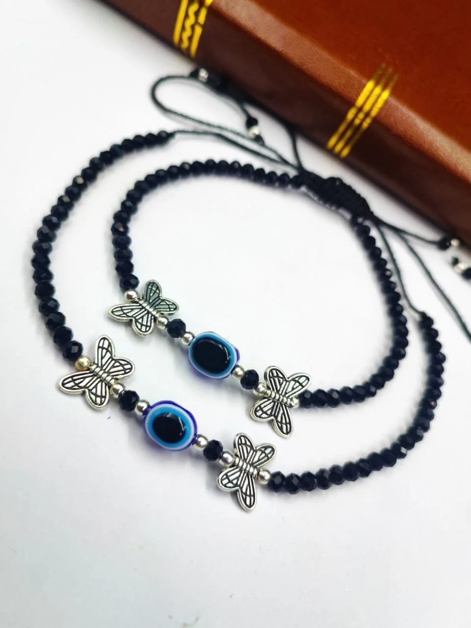 Evil Eye Black Crystal Bead Thread Anklet with Oxidised Charms
