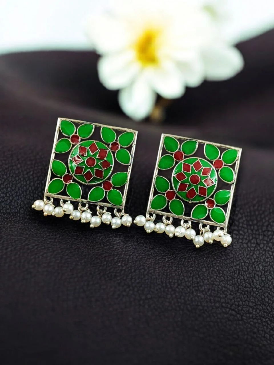 Meenakari Square Stud Earrings with Enamel Flower and Pearl Fringe