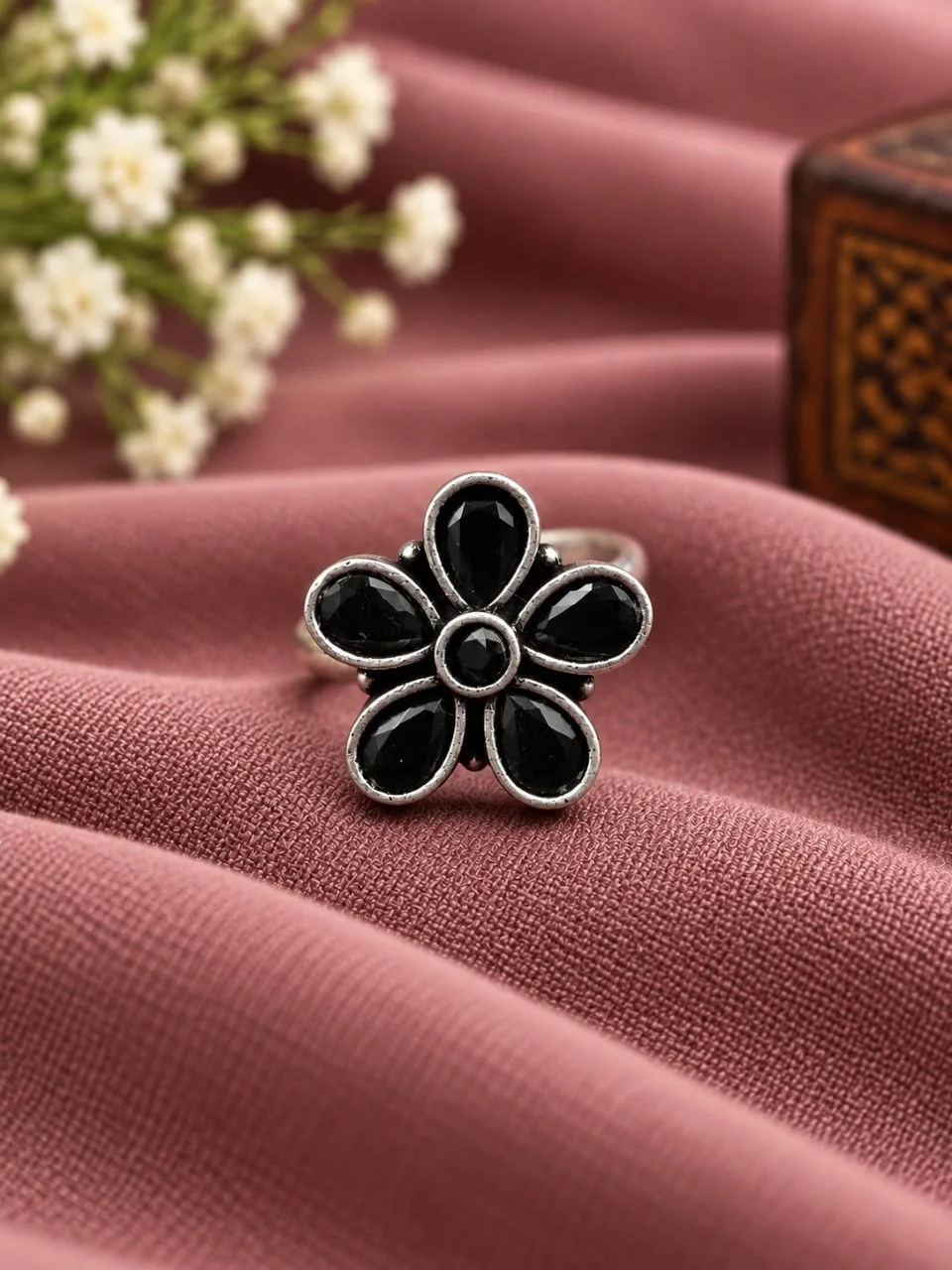 Small Oxidised Flower Ring with Black Stones – view 3