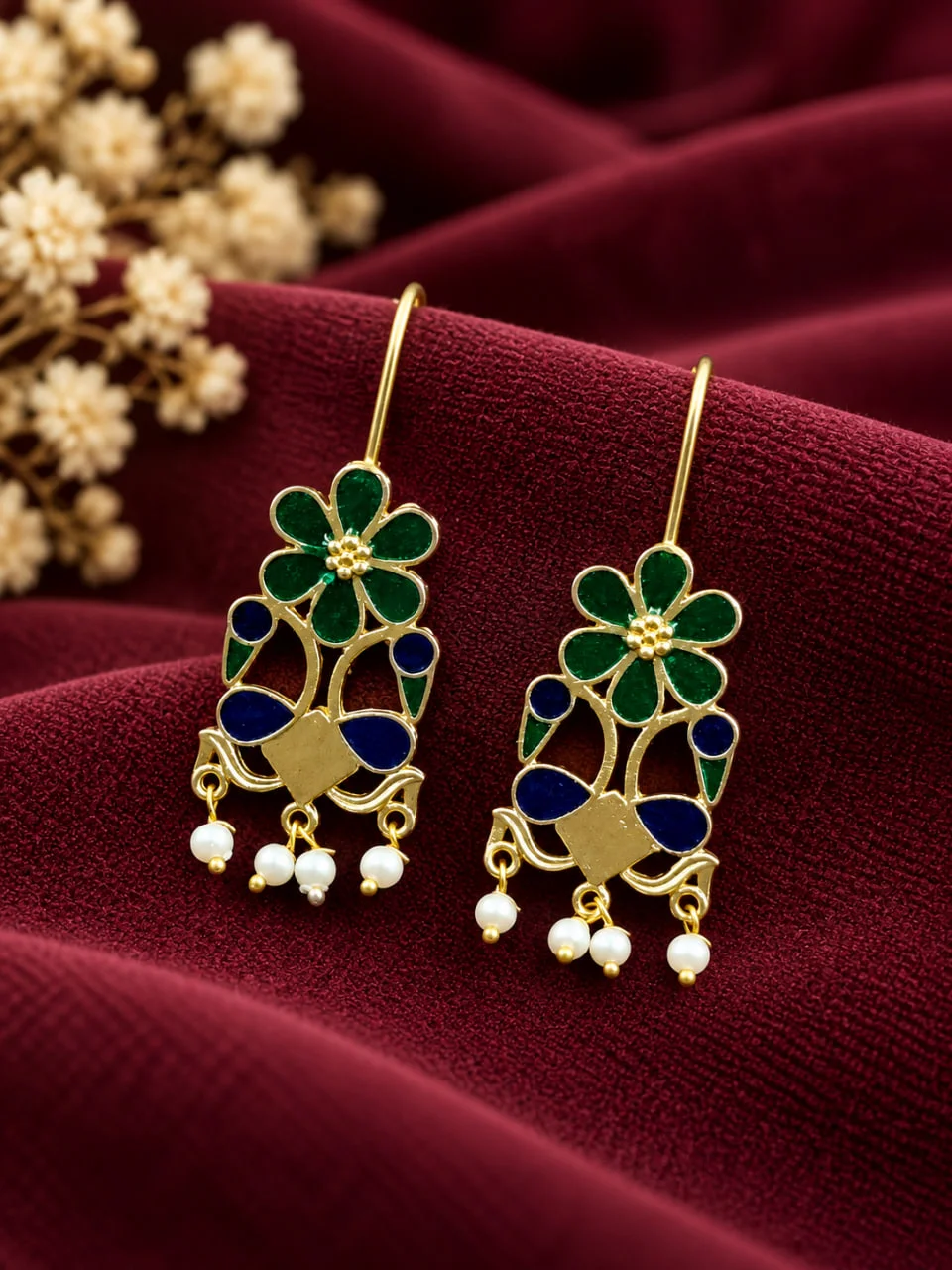 Green Enamel Flower and Paisley Hook Earrings with Pearl Drops