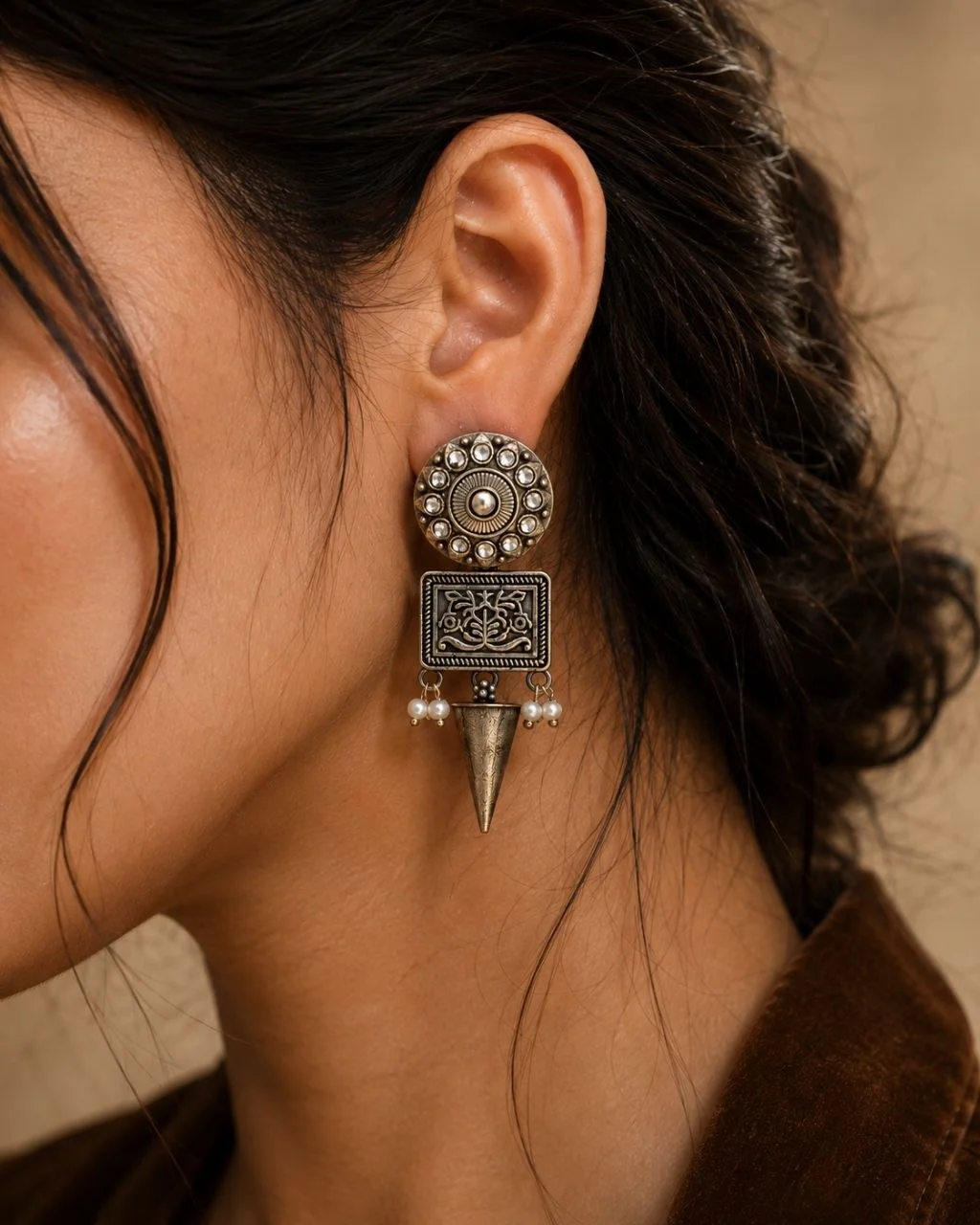 Oxidised Floral Stud Dangler Earrings with Engraved Plate and Spike Drop