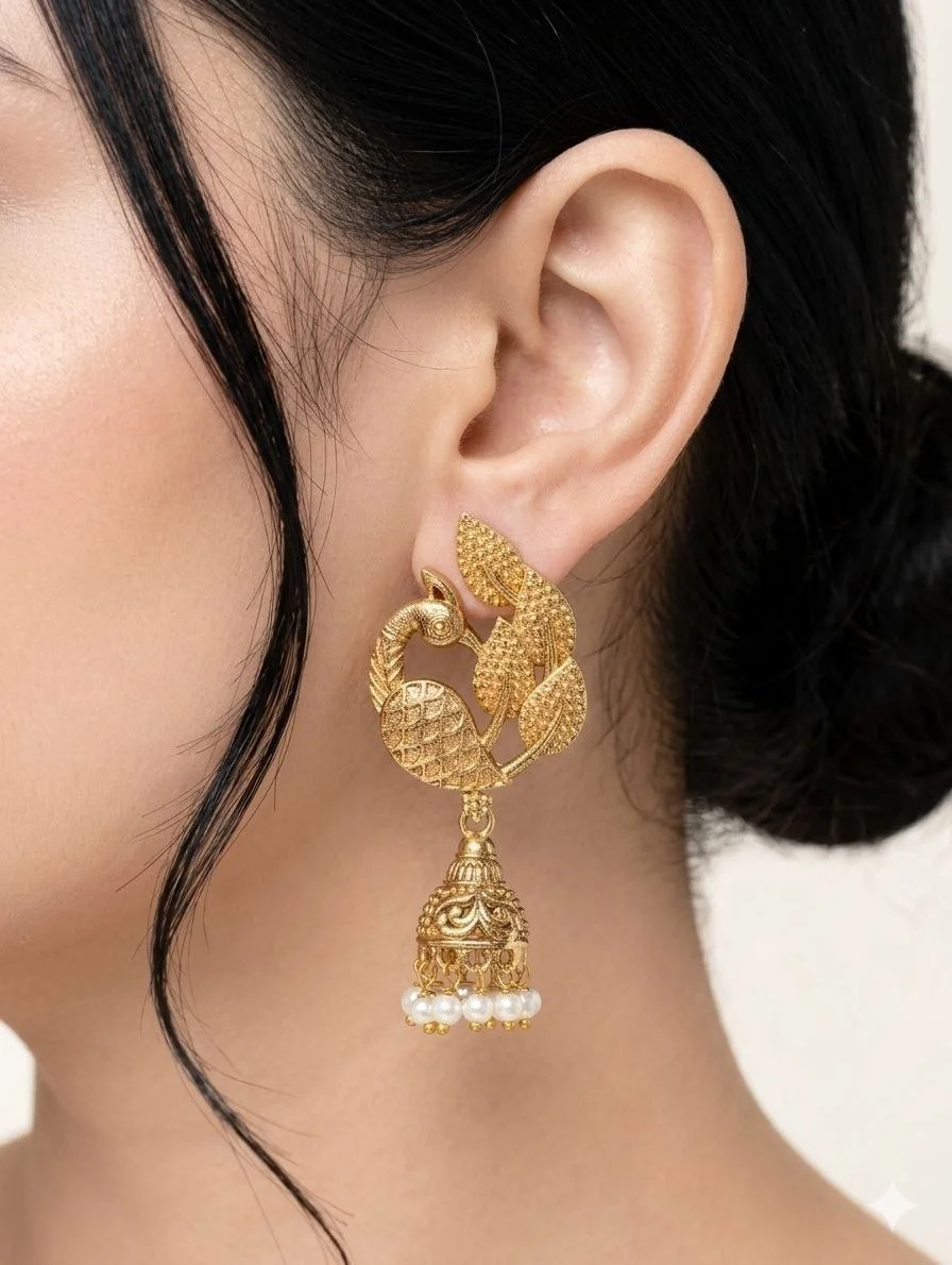 Golden Peacock Jhumka with Fanned Tail