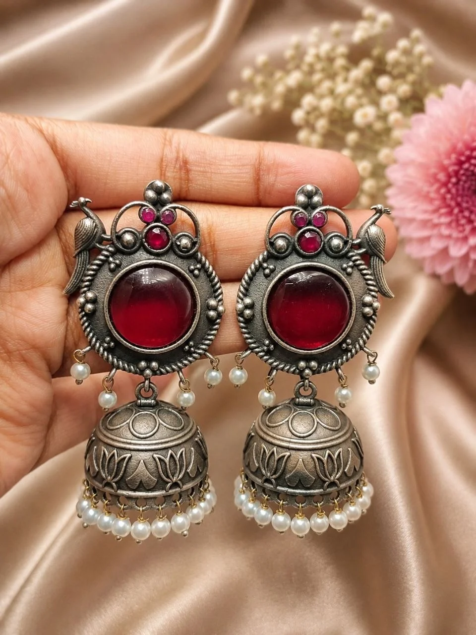 Oxidised Twin Peacock Jhumka Earrings with Large Round Stone