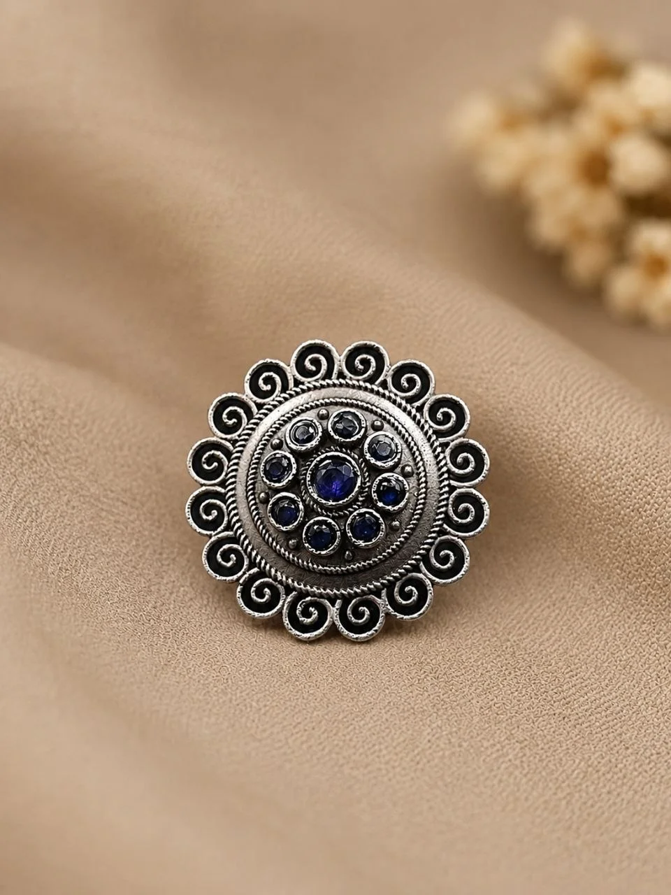 Oxidised Spiral Border Ring with Blue Stones