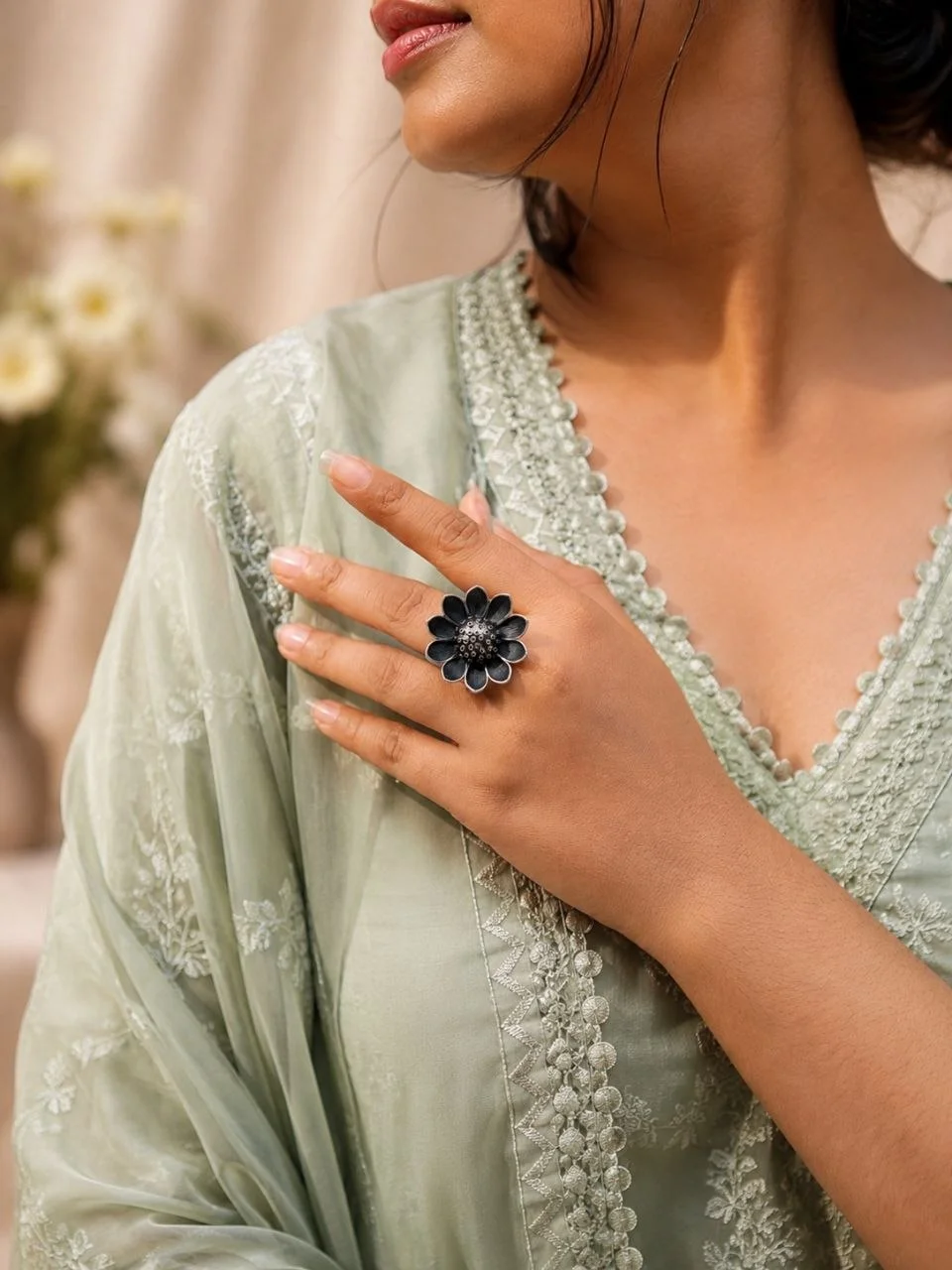 Oxidised Flower Ring with Black Stone