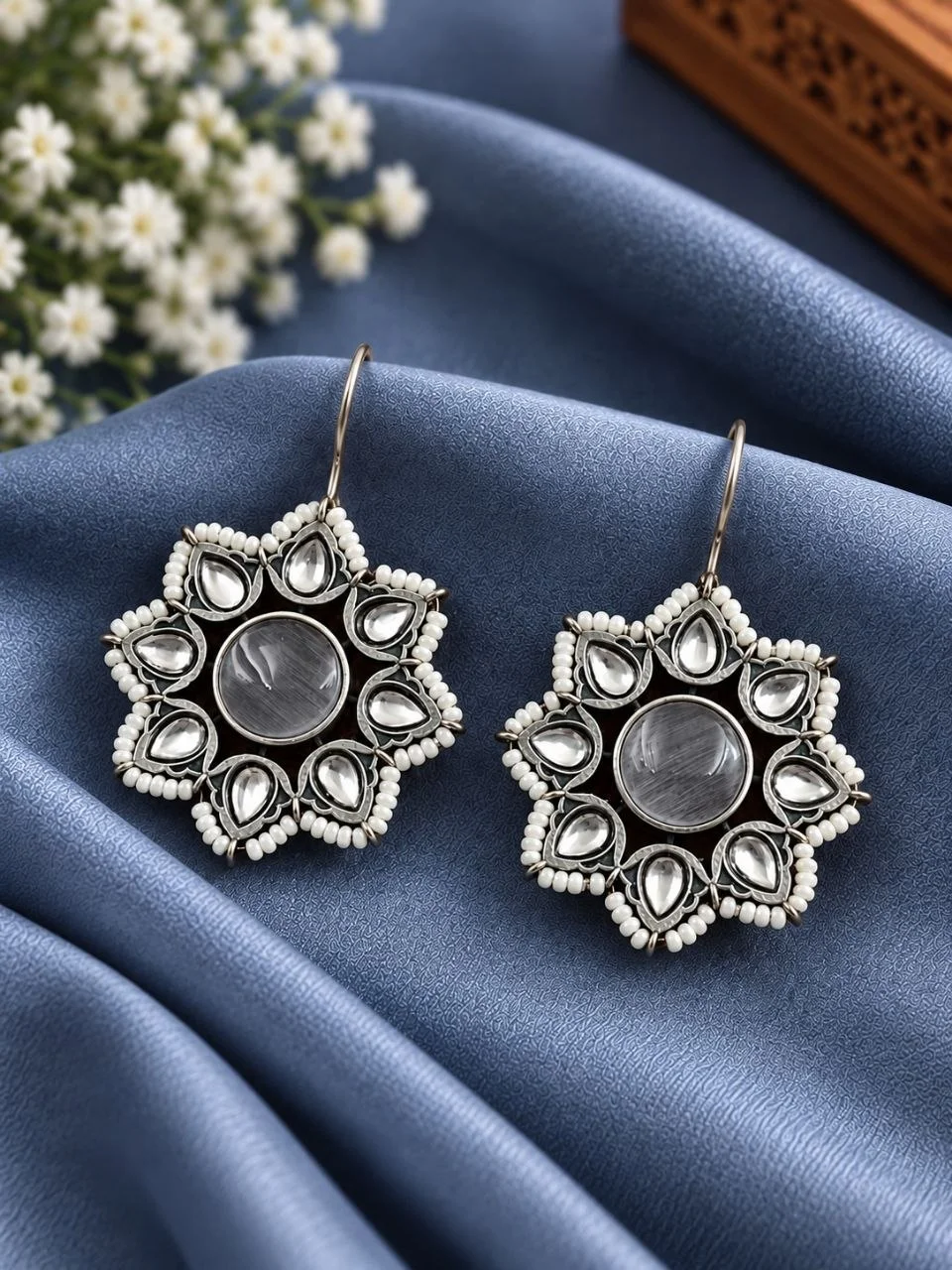 Floral Stone Cluster Hook Earrings in Antique Silver
