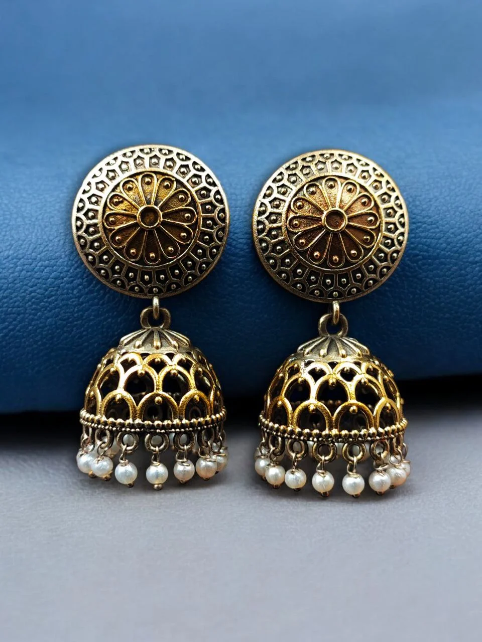 Handcrafted Two Tone Jhumka Earrings with Pearl Work – view 2