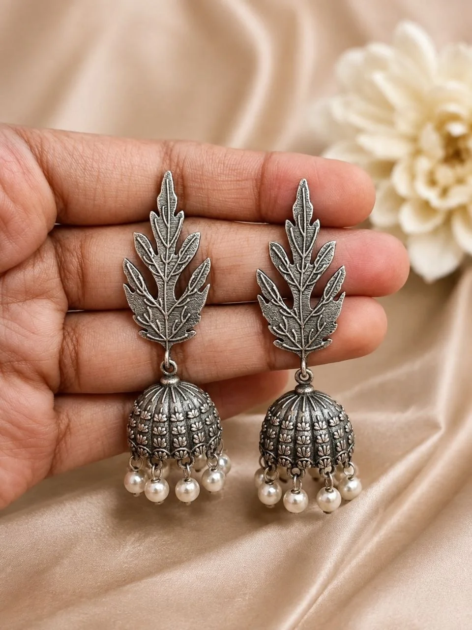 Oxidised Leaf Spray Jhumka Earrings with Pearl Drops – view 2