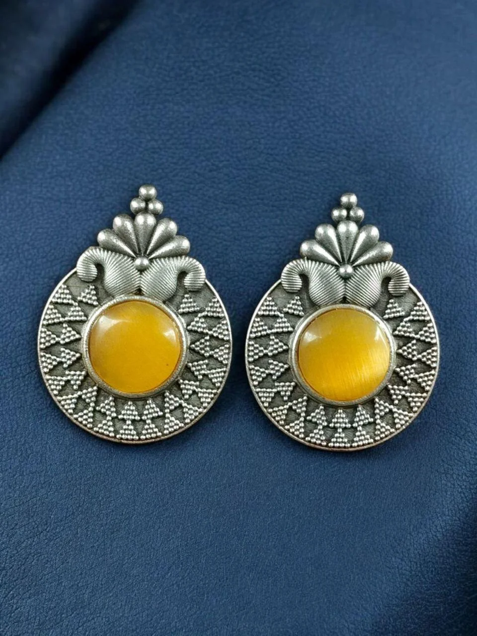 Oxidised Round Stone Stud Earrings with Crest and Triangle Pattern