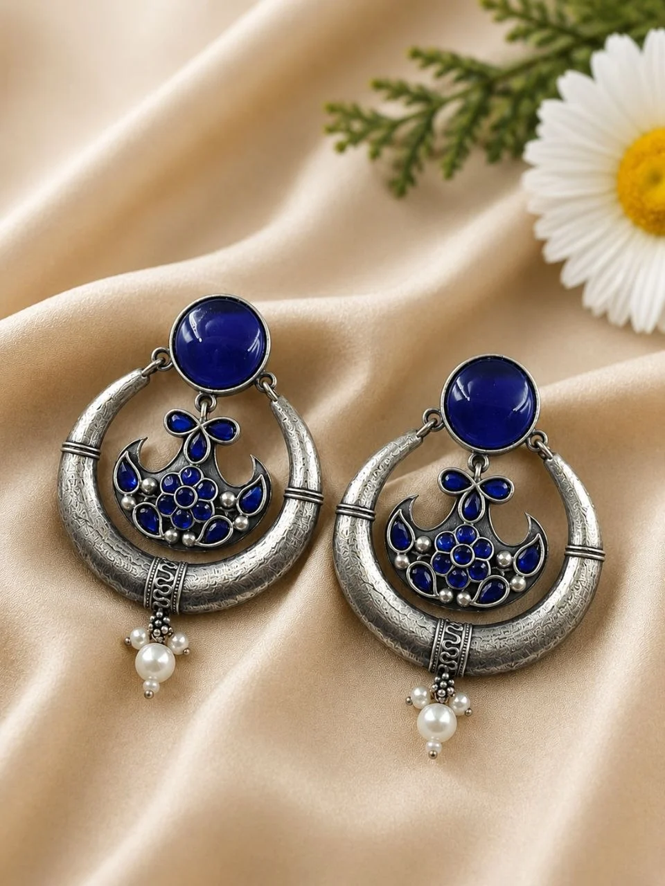 Oxidised Crescent Chandbali Earrings with Stone Flower and Pearl Drop