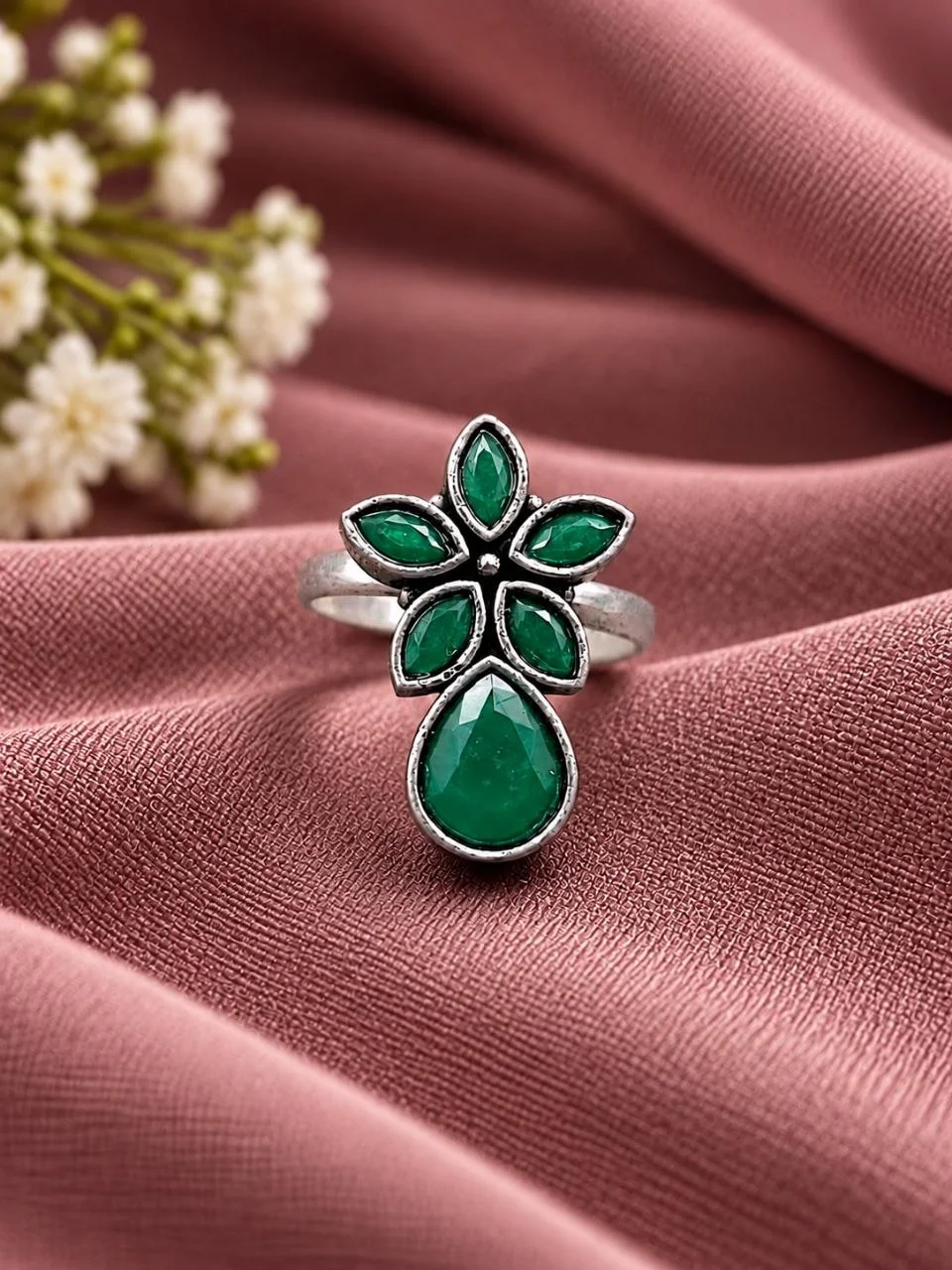 Oxidised Flower Ring with Black Stone Drop – view 5