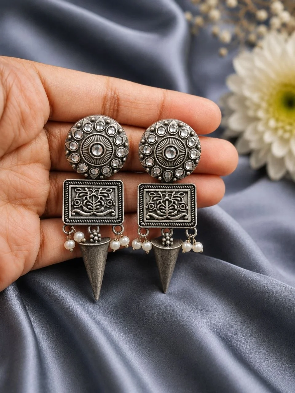 Oxidised Floral Stud Dangler Earrings with Engraved Plate and Spike Drop – view 2