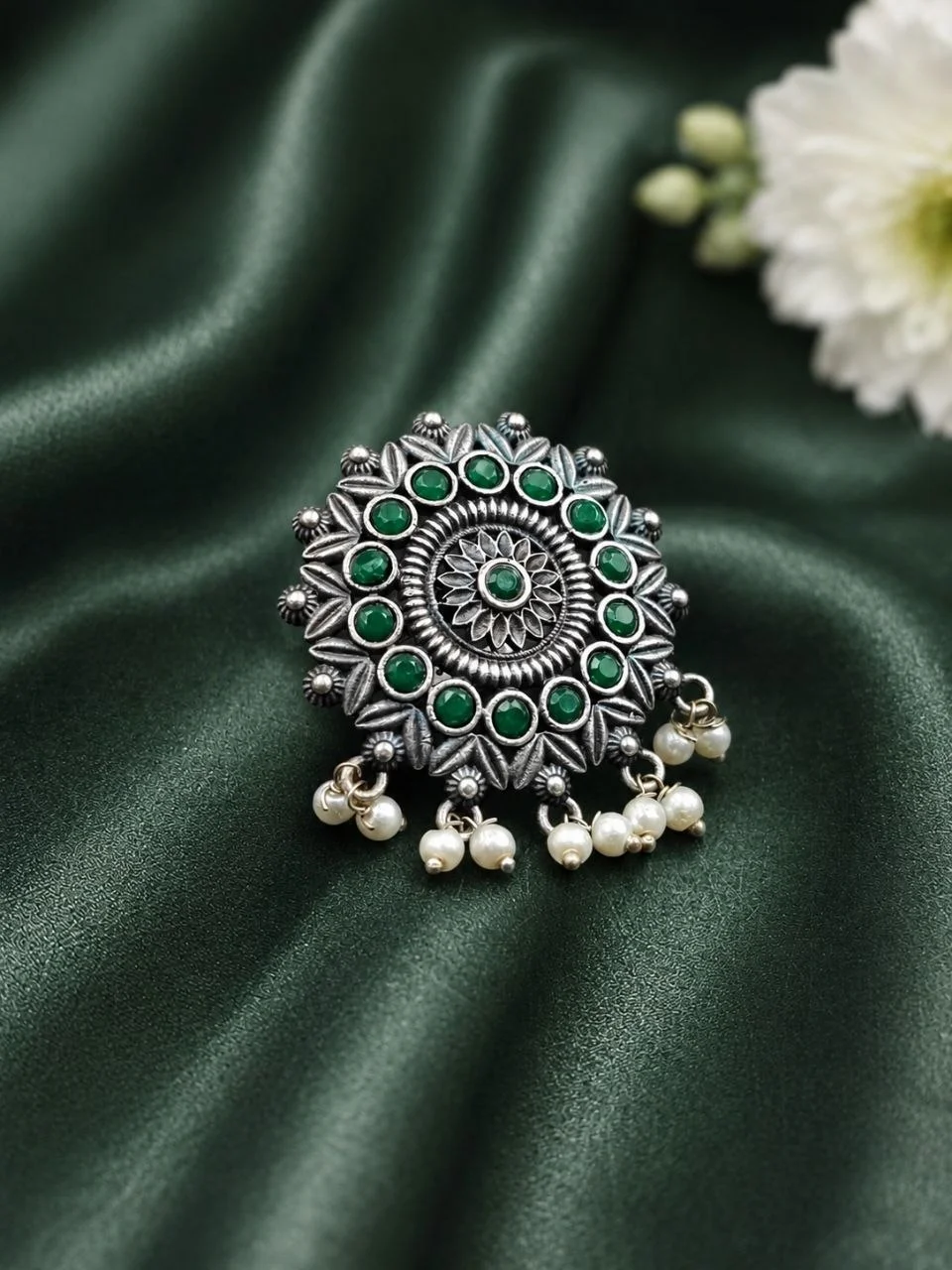 Oxidised Mandala Ring with Blue Stones and Pearls – view 3