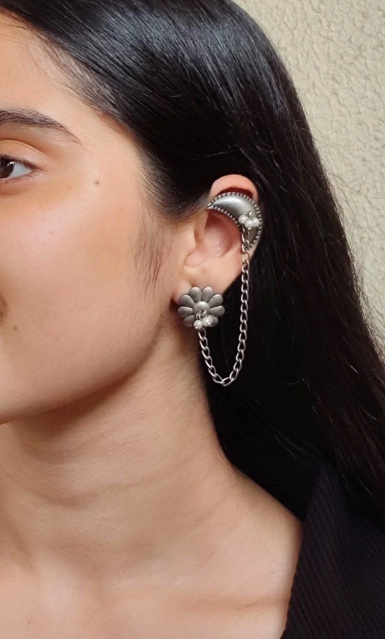 Oxidised Flower Stud with Chain Ear Cuff – view 3