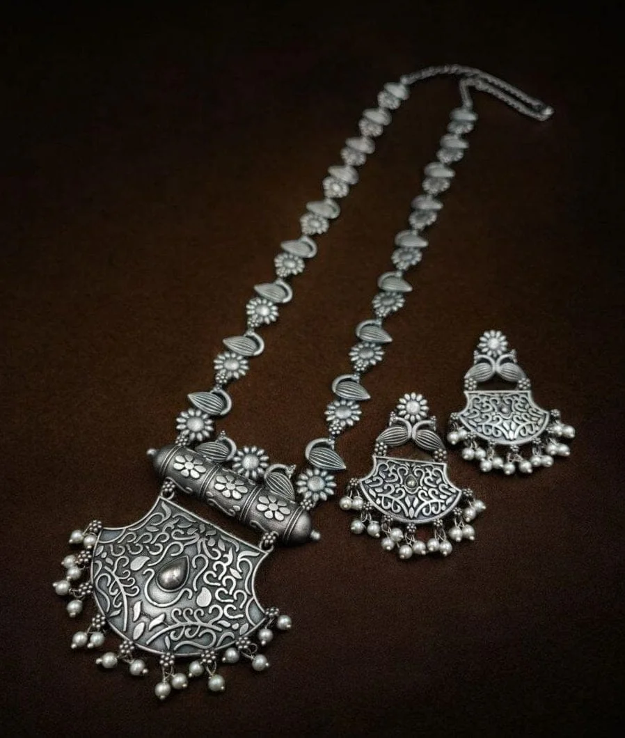 Oxidised Scrollwork Shield Long Necklace Set