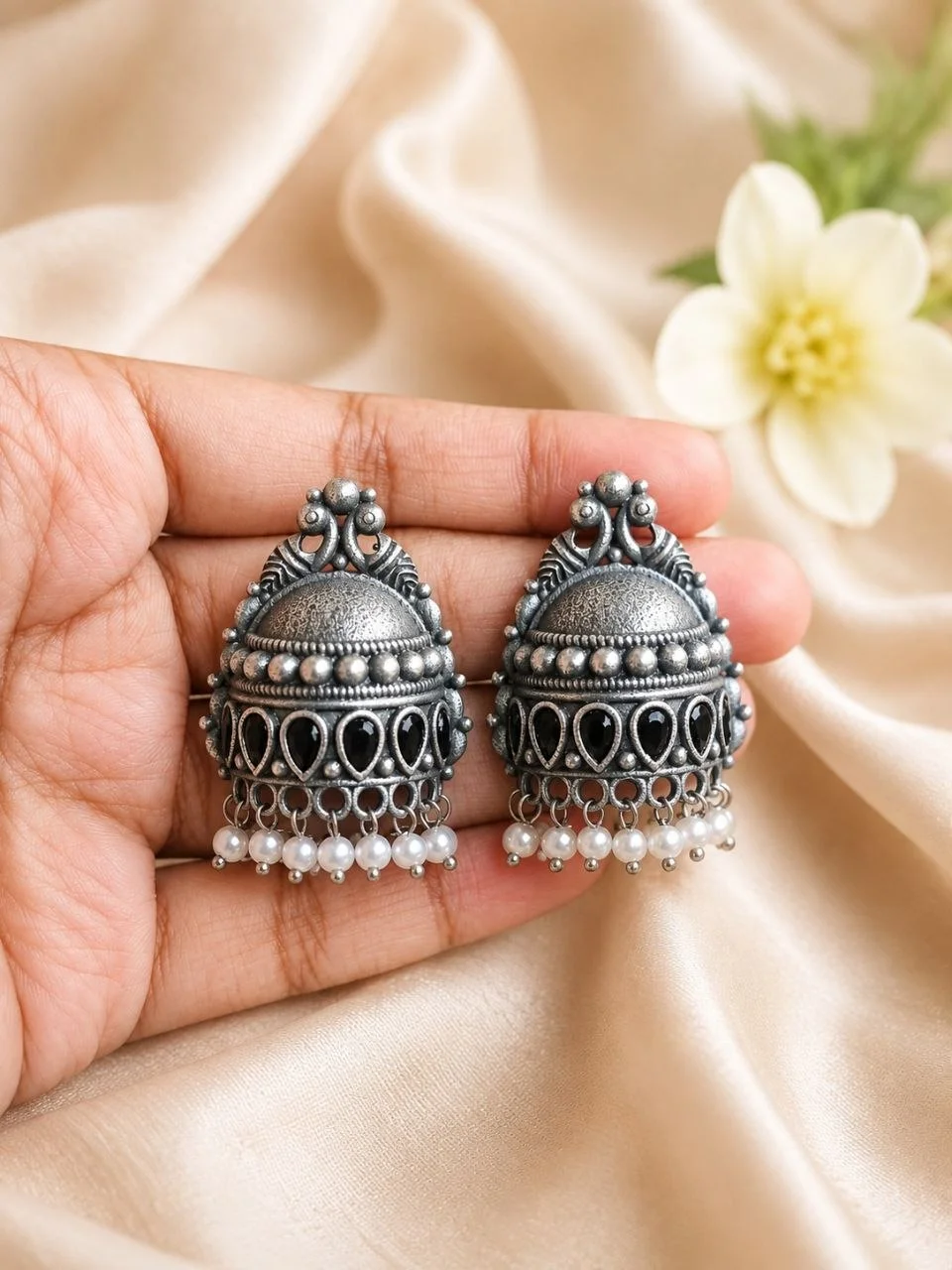 Oxidised Peacock Dome Stud Earrings with Stone Band and Pearl Drops