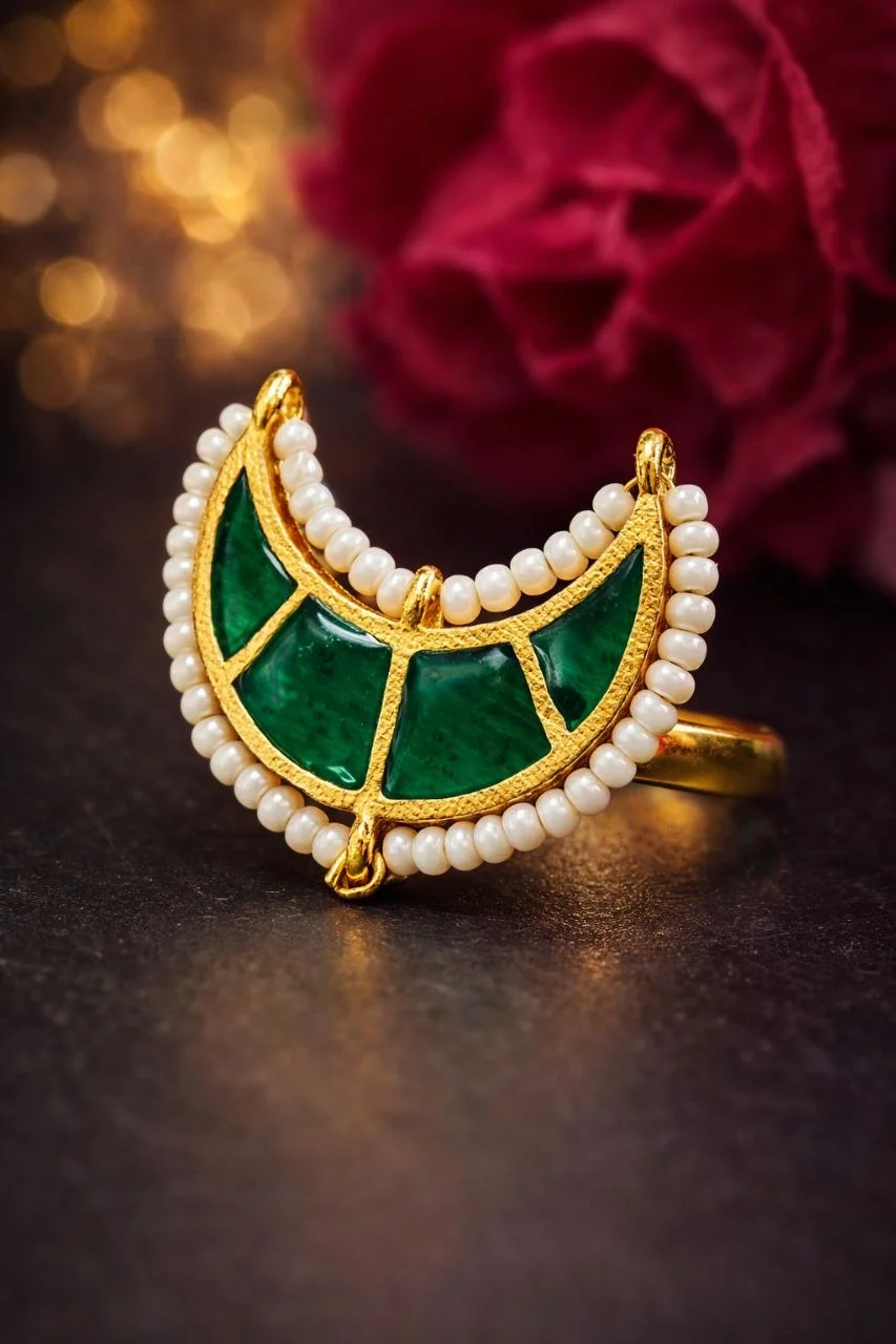 Gold Meenakari Moon Ring with Pearl Border – view 2
