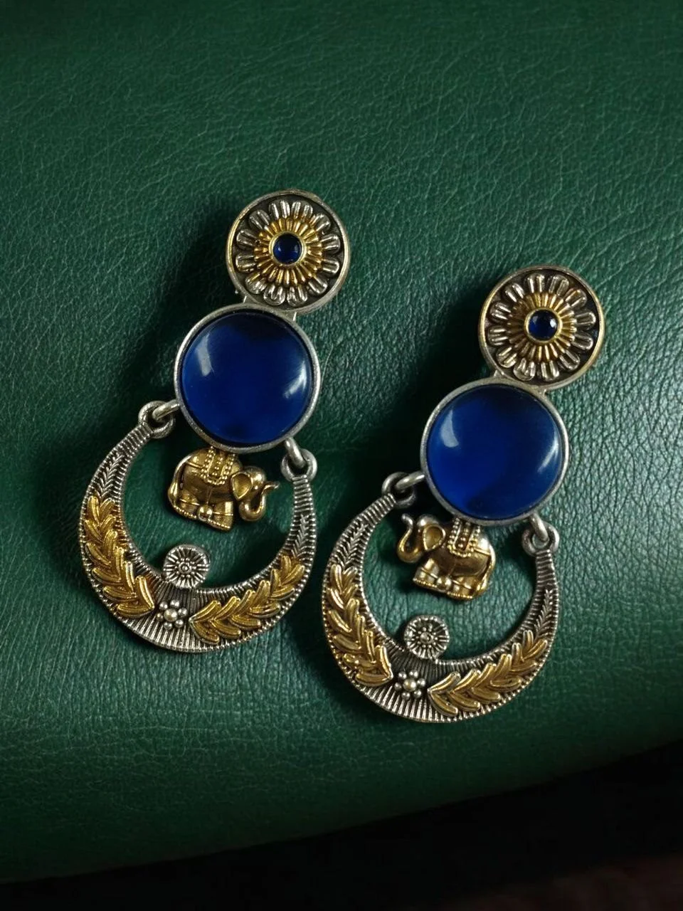 Two-Tone Elephant Crescent Earrings with Round Stone and Leaf Arc