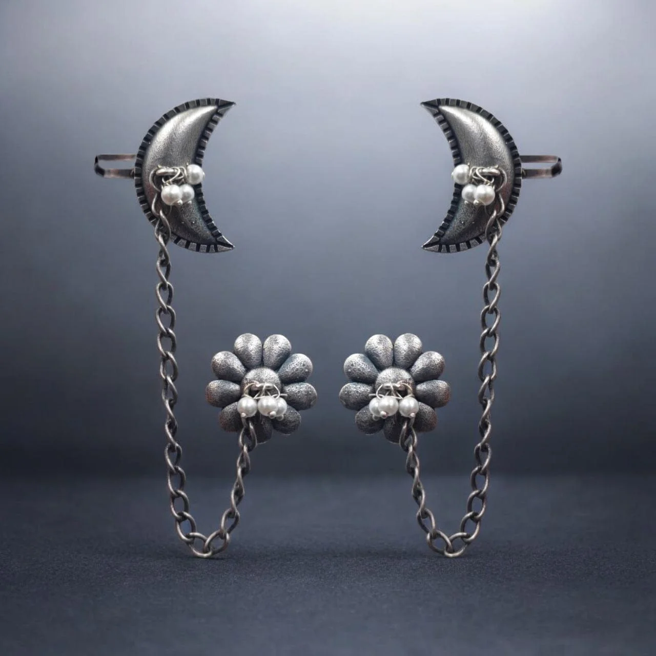 Oxidised Flower Stud with Chain Ear Cuff – view 2