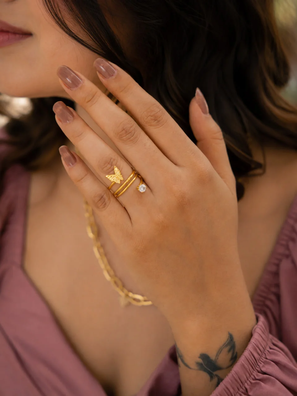 Anti-Tarnish Twin Band Textured Wing Butterfly Solitaire Ring