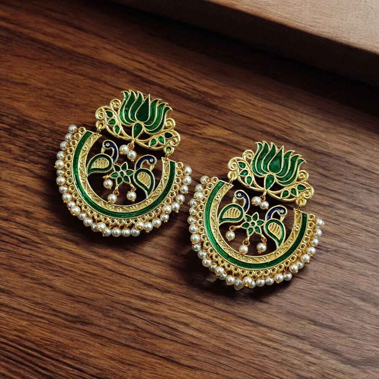 Lotus and Peacock Meenakari Chandbali