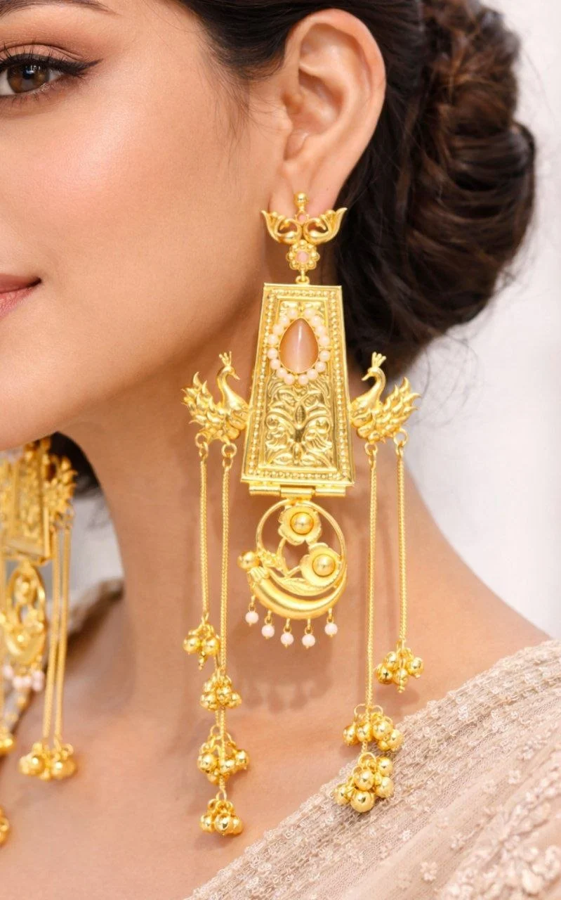Peacock Panel Kashmiri Earrings with Bell Chains