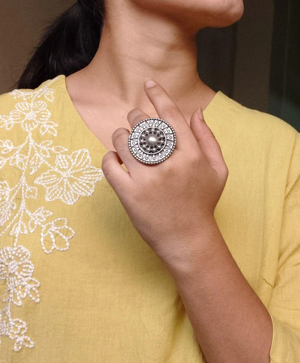Oxidised Mandala Ring with Pearl Centre