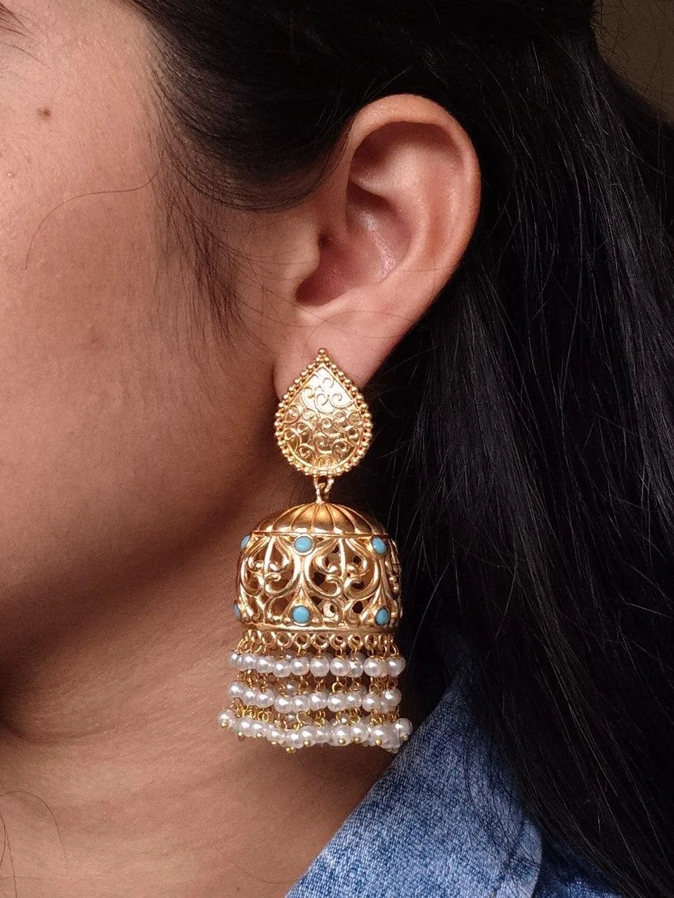 Openwork Jhumka with Triple Pearl Fringe
