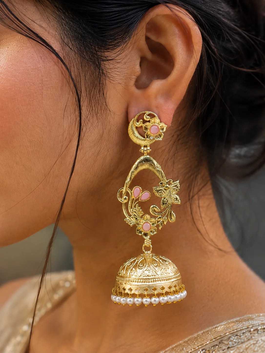 Butterfly Arch Jhumka with Pink Enamel