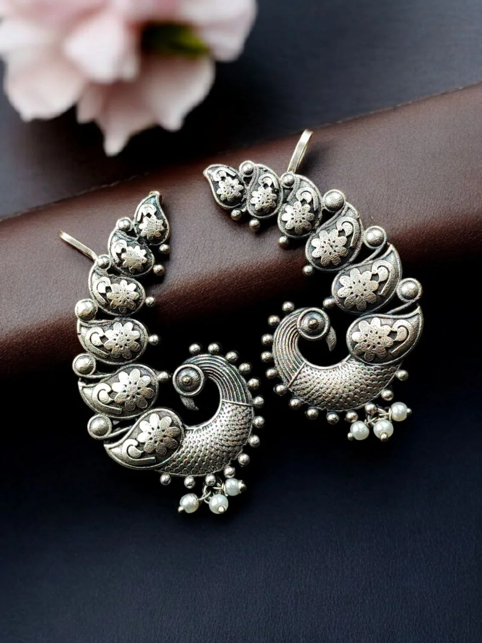 Oxidised Peacock Ear Cuff Earrings with Pearl Accents – view 3