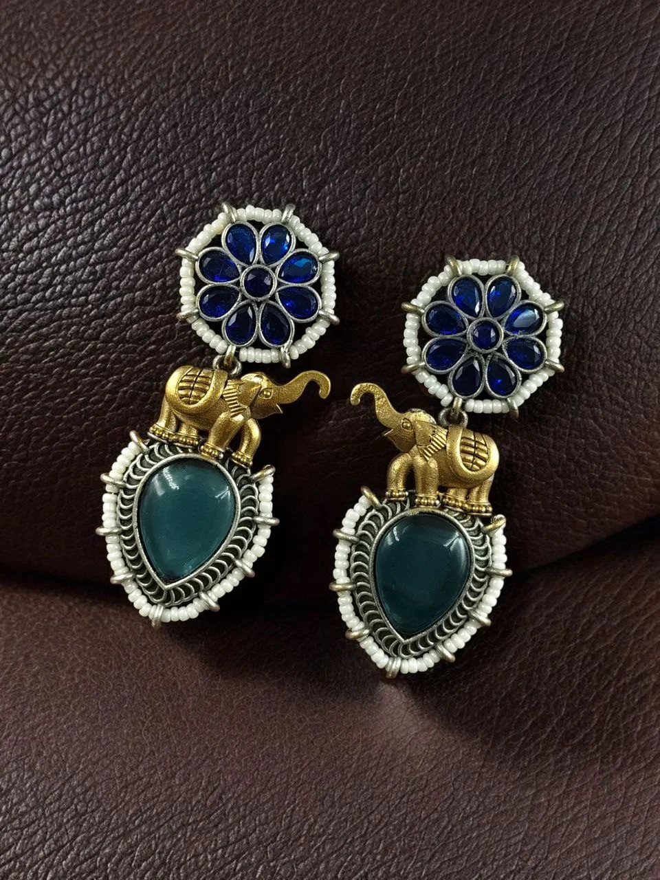 Two-Tone Elephant Earrings with Stone Flower Stud and Pear Stone