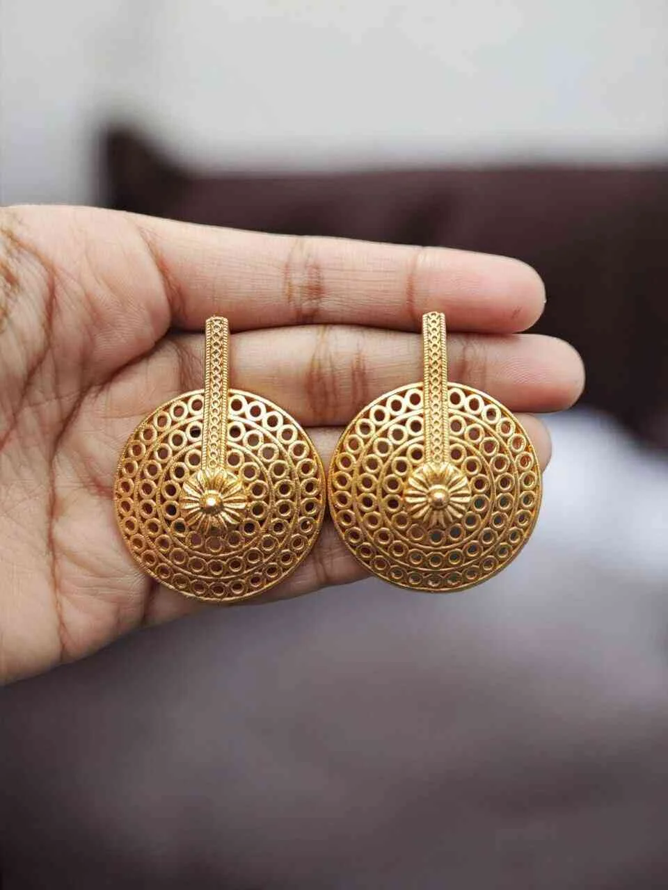 Large Filigree Disc Earrings on Textured Bar – view 4